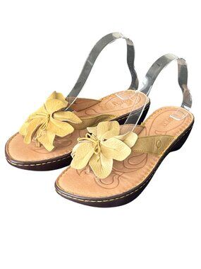 Born Brown Yellow Leather Floral Thong Wedge Sandals Size 9